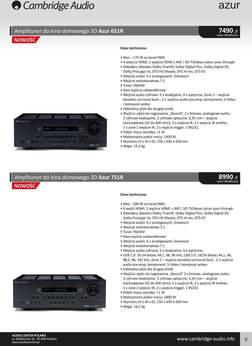 1 Tuner FM/AM Dwa wyjścia subwooferowe Wejścia audio cyfrowe: 5 x koaksjalne, 4 x optyczne, Zone 2 wyjścia kanałów surround back, 2.