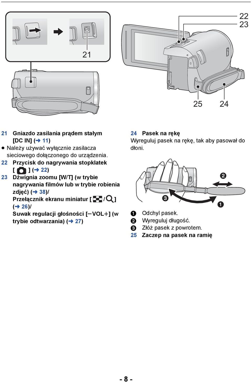 38)/ Przełącznik ekranu miniatur [ / ] (l 26)/ Suwak regulacji głośności [svolr] (w trybie odtwarzania) (l 27) 24 Pasek na rękę