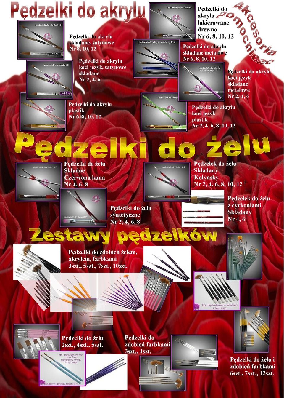 żelu Składany Kolynsky Nr 2, 4, 6, 8, 10, 12 Pędzelki do żelu Składne Czerwona kuna Nr 4, 6, 8 Pędzelki do żelu syntetyczne Nr 2, 4, 6, 8 Pędzelek do żelu z cyrkoniami Składany Nr 4, 6 Pędzelki do