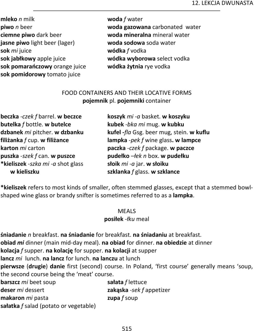and cooking/dining implements butelka - lek f bottle, czajnik mi - a teapot, dzbanek - nka mi pitcher, filiżanka - nek f cup, imbryk mi - a teakettle, kocioł kotła mi pot, kubek - bka mi mug,