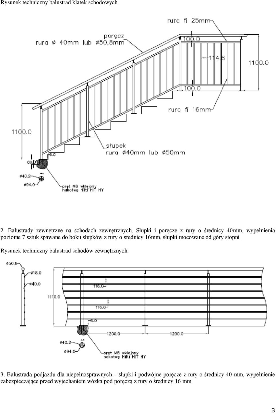 słupki mocowane od góry stopni Rysunek techniczny balustrad schodów zewnętrznych. 3.