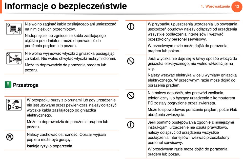 Nie wolno chwytać wtyczki mokrymi dłońmi. Może to doprowadzić do porażenia prądem lub pożaru.