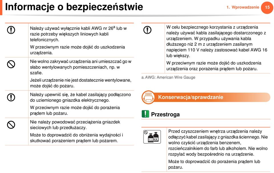 Jeżeli urządzenie nie jest dostatecznie wentylowane, może dojść do pożaru. Należy upewnić się, że kabel zasilający podłączono do uziemionego gniazdka elektrycznego.