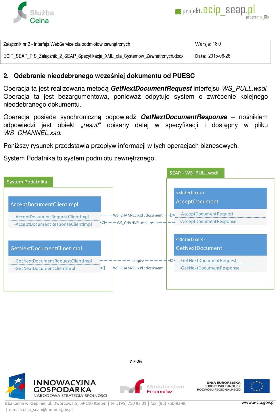 Operacja posiada synchroniczną odpowiedź GetNextDocumentResponse nośnikiem odpowiedzi jest obiekt result opisany dalej w specyfikacji i dostępny w pliku WS_CHANNEL.xsd.