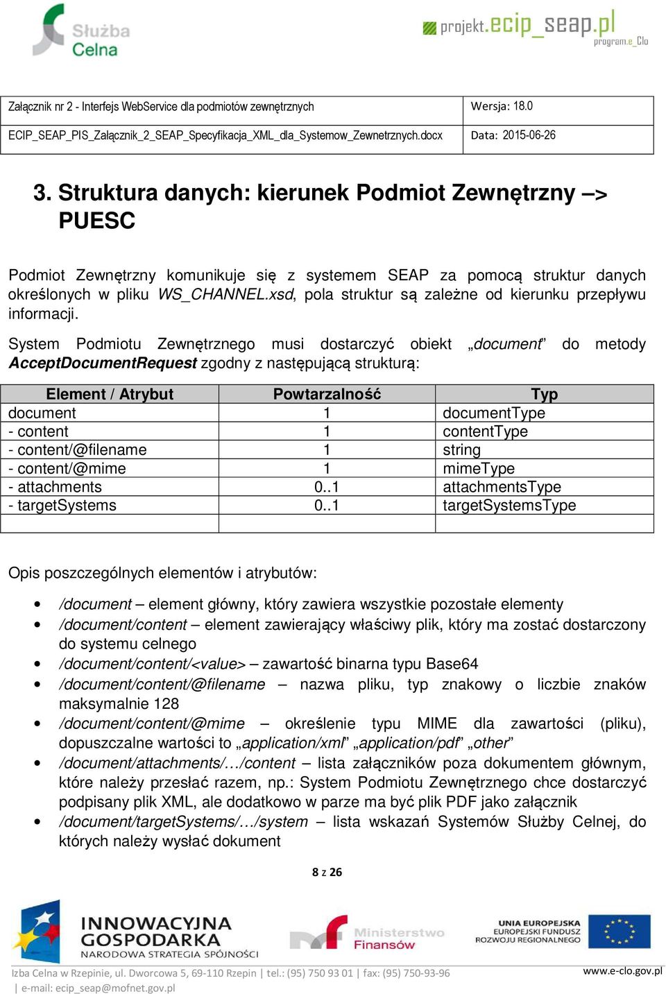 System Podmiotu Zewnętrznego musi dostarczyć obiekt document do metody AcceptDocumentRequest zgodny z następującą strukturą: Element / Atrybut Powtarzalność Typ document 1 documenttype - content 1