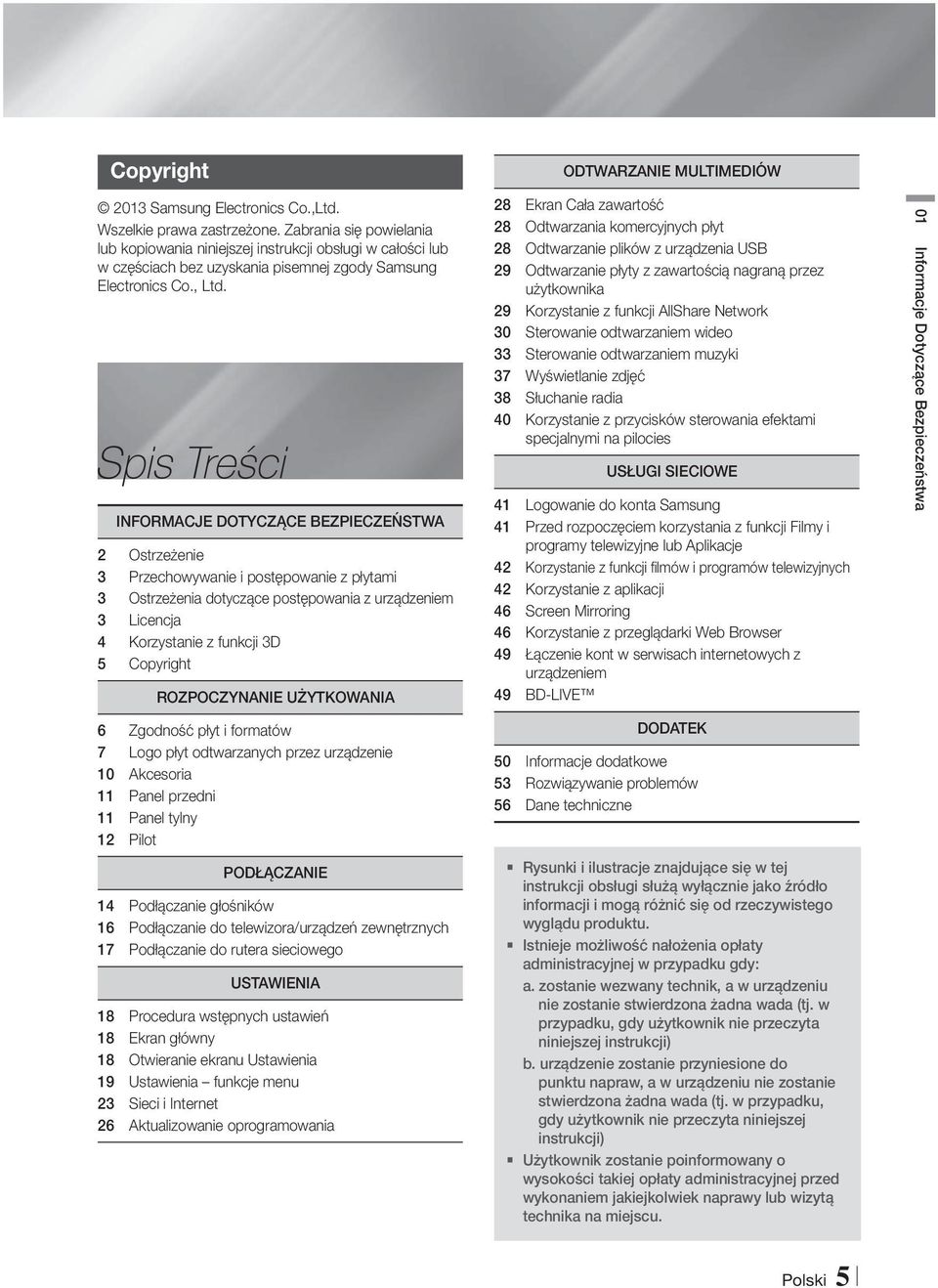 Spis Treści INFORMACJE DOTYCZĄCE BEZPIECZEŃSTWA 2 Ostrzeżenie 3 Przechowywanie i postępowanie z płytami 3 Ostrzeżenia dotyczące postępowania z urządzeniem 3 Licencja 4 Korzystanie z funkcji 3D 5