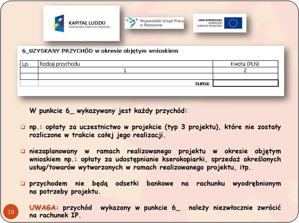 niezaplanowany w ramach realizowanego projektu w okresie objętym wnioskiem np.