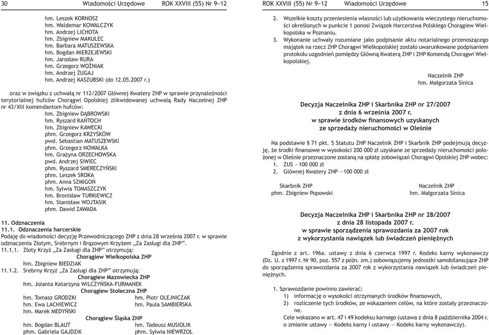 ) oraz w związku z uchwałą nr 112/2007 Głównej Kwatery ZHP w sprawie przynależności terytorialnej hufców Chorągwi Opolskiej zlikwidowanej uchwałą Rady Naczelnej ZHP nr 43/XIII komendantom hufców: hm.