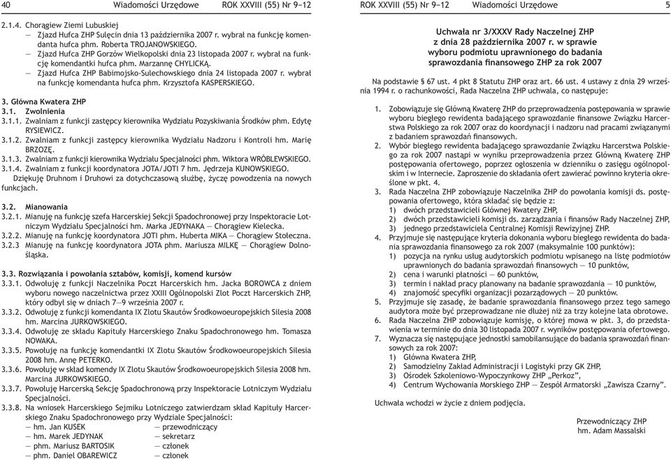 wybrał na funkcję komendanta hufca phm. Krzysztofa KASPERSKIEGO. 3. Główna Kwatera ZHP 3.1. Zwolnienia 3.1.1. Zwalniam z funkcji zastępcy kierownika Wydziału Pozyskiwania Środków phm. Edytę RYSIEWICZ.