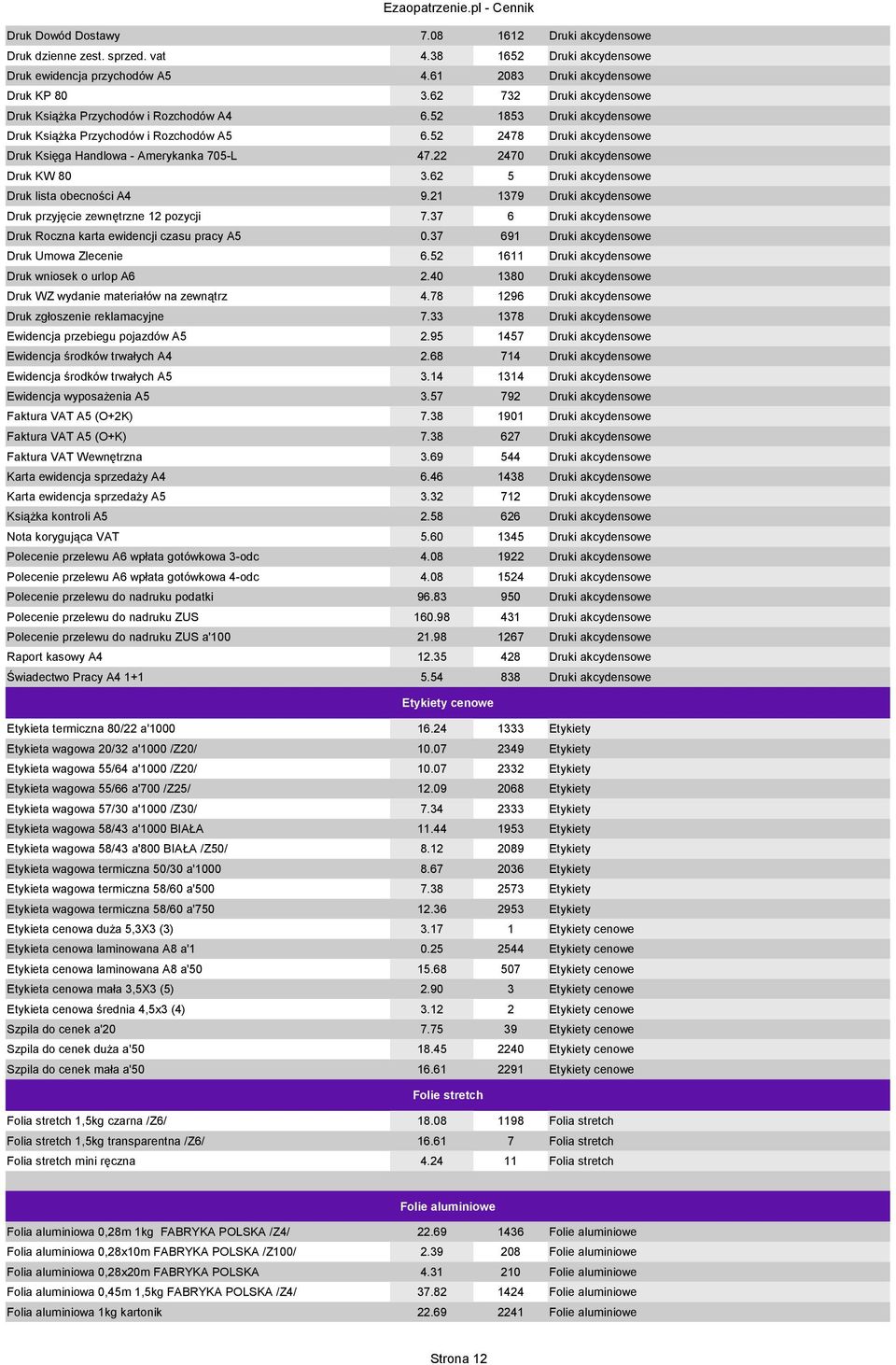 52 2478 Druki akcydensowe Druk Księga Handlowa - Amerykanka 705-L 47.22 2470 Druki akcydensowe Druk KW 80 3.62 5 Druki akcydensowe Druk lista obecności A4 9.