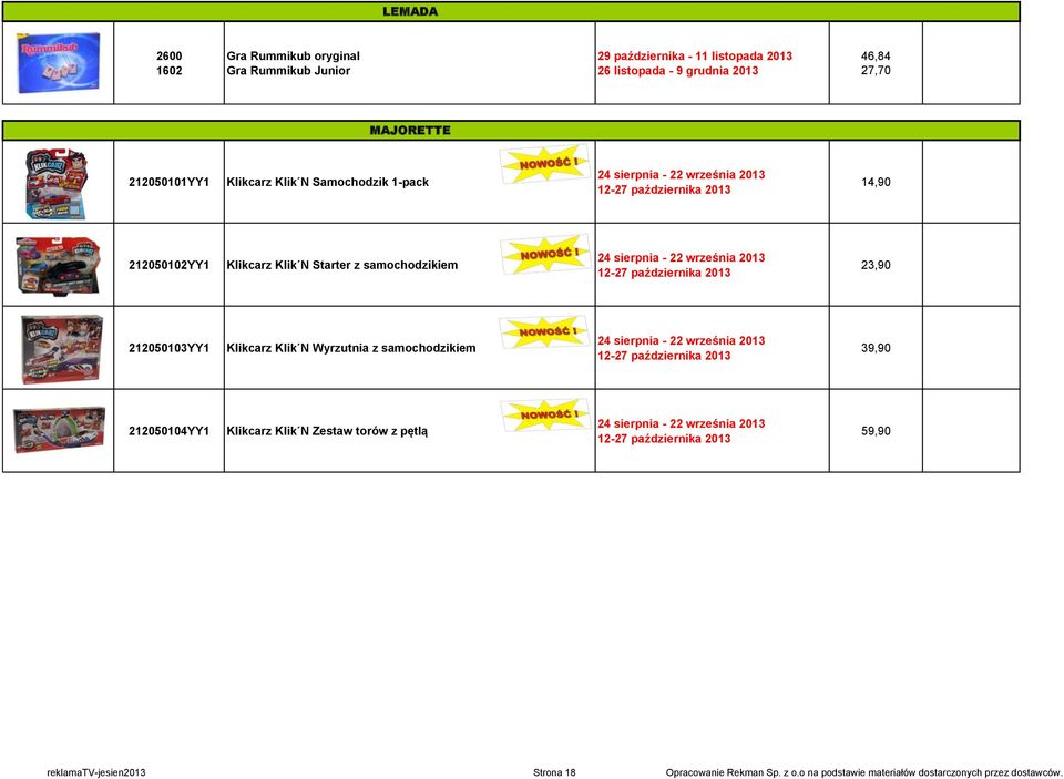 października 2013 23,90 212050103YY1 Klikcarz Klik N Wyrzutnia z samochodzikiem 24 sierpnia - 22 września 2013 12-27 października 2013 39,90 212050104YY1 Klikcarz Klik N Zestaw