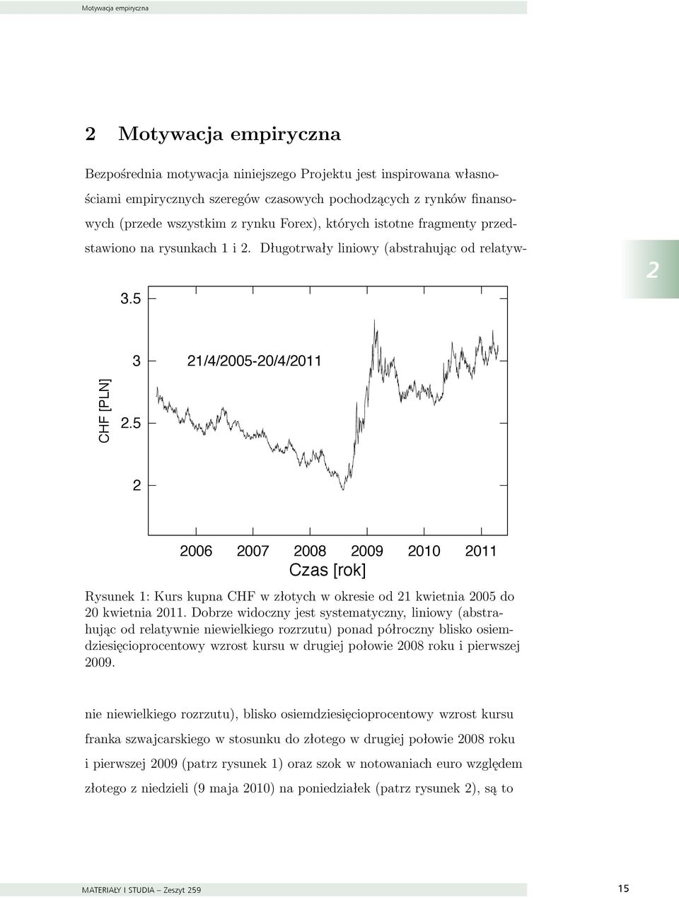 5 2 2006 2007 2008 2009 2010 2011 Czas [rok] Rysunek 1: Kurs kupna CHF w złotych w okresie od 21 kwietnia 2005 do 20 kwietnia 2011.