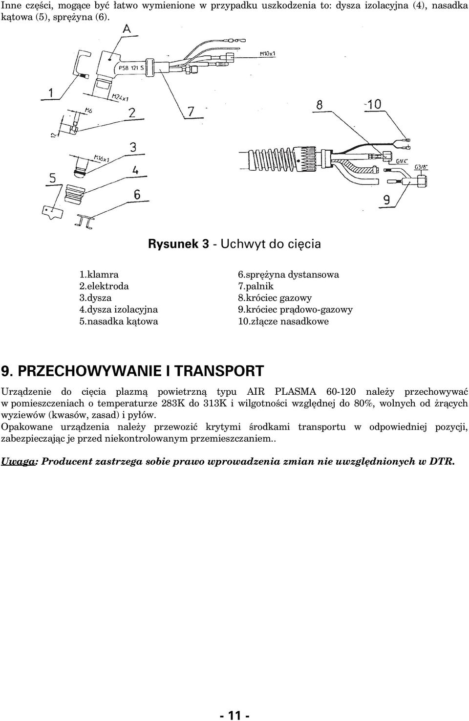 PRZECHOWYWANIE I TRANSPORT Urz¹dzenie do ciêcia plazm¹ powietrzn¹ typu AIR PLASMA 60-120 nale y przechowywaæ w pomieszczeniach o temperaturze 283K do 313K i wilgotnoœci wzglêdnej do 80%, wolnych od