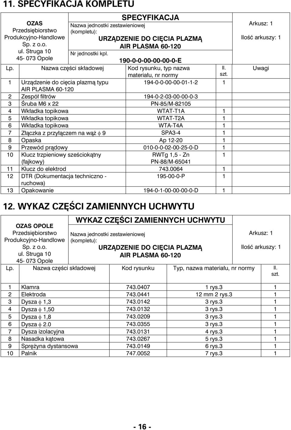 Nazwa czêœci sk³adowej Kod rysunku, typ nazwa Il. materia³u, nr normy szt.