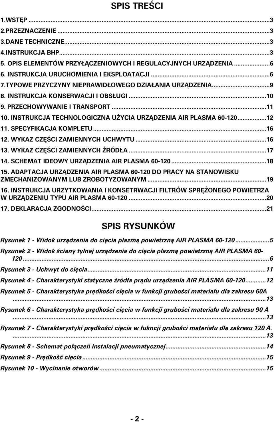 ..12 11. SPECYFIKACJA KOMPLETU...16 12. WYKAZ CZÊŒCI ZAMIENNYCH UCHWYTU...16 13. WYKAZ CZÊŒCI ZAMIENNYCH RÓD A...17 14. SCHEMAT IDEOWY URZ DZENIA AIR PLASMA 60-120...18 15.