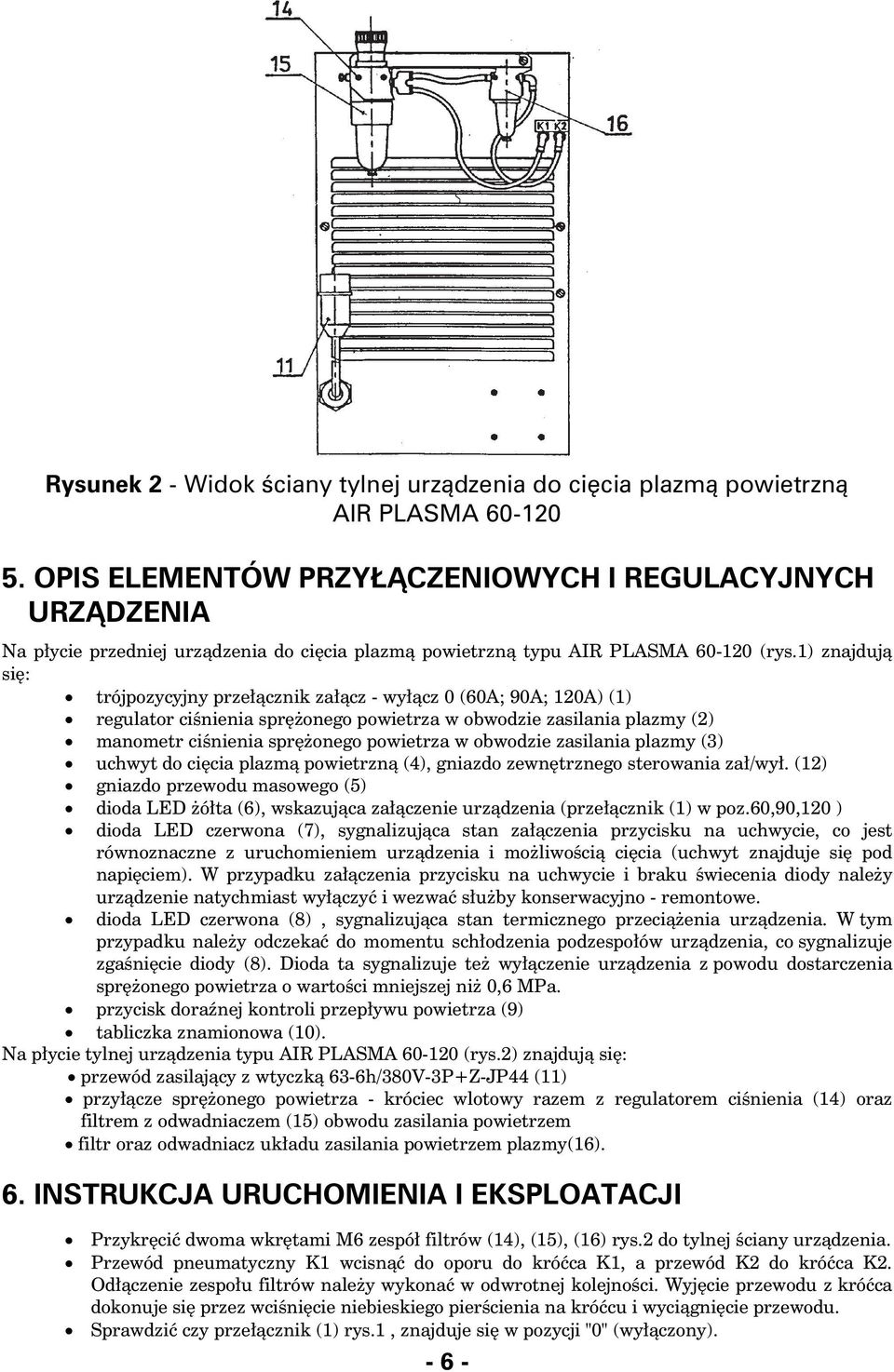 1) znajduj¹ siê: x# trójpozycyjny prze³¹cznik za³¹cz - wy³¹cz 0 (60A; 90A; 120A) (1) x regulator ciœnienia sprê onego powietrza w obwodzie zasilania plazmy (2) x manometr ciœnienia sprê onego