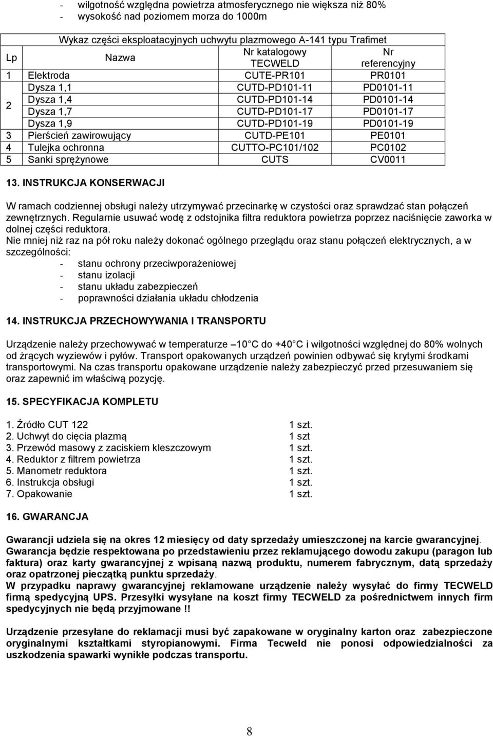 Pierścień zawirowujący CUTD-PE101 PE0101 4 Tulejka ochronna CUTTO-PC101/102 PC0102 5 Sanki sprężynowe CUTS CV0011 13.