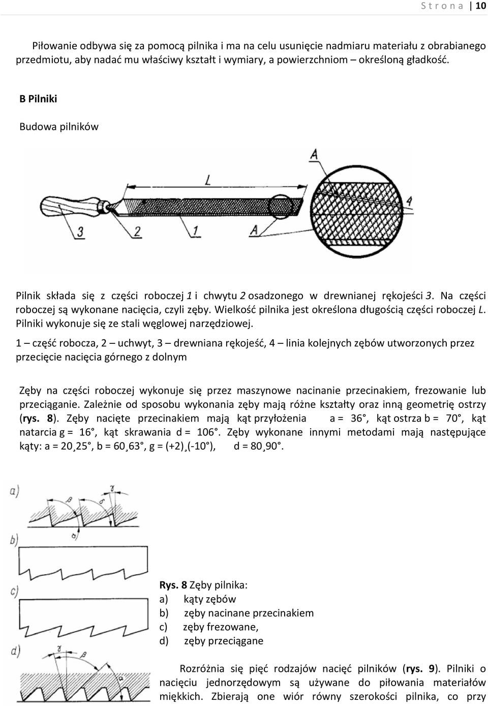 Wielkość pilnika jest określona długością części roboczej L. Pilniki wykonuje się ze stali węglowej narzędziowej.