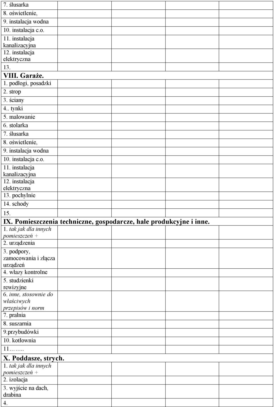 Pomieszczenia techniczne, gospodarcze, hale produkcyjne i inne. 1. tak jak dla innych pomieszczeń + 2. urządzenia 3. podpory, zamocowania i złącza urządzeń 4.