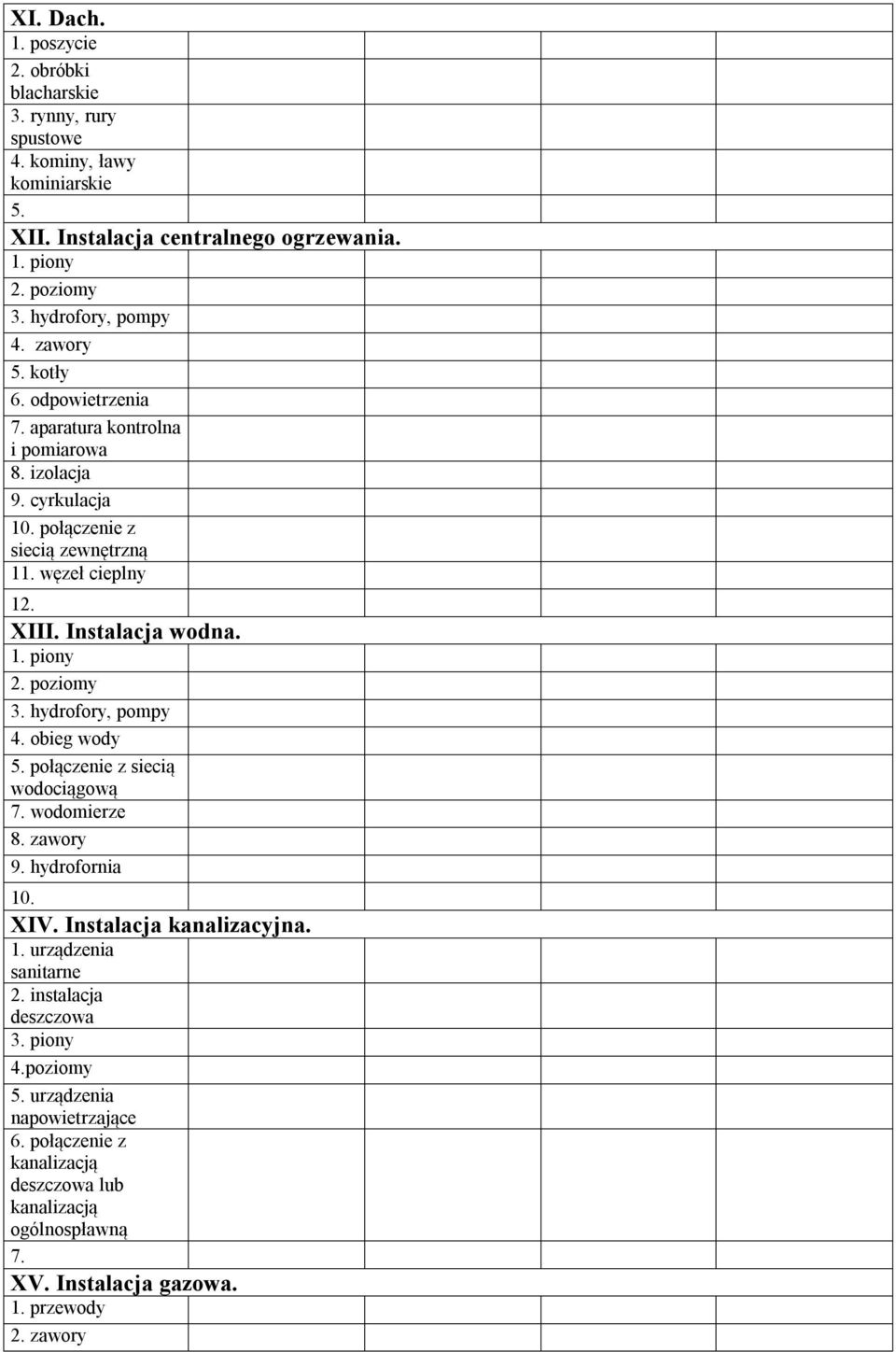 poziomy 3. hydrofory, pompy 4. obieg wody połączenie z siecią wodociągową 7. wodomierze 8. zawory 9. hydrofornia 10. XIV. Instalacja kanalizacyjna. 1. urządzenia sanitarne 2.