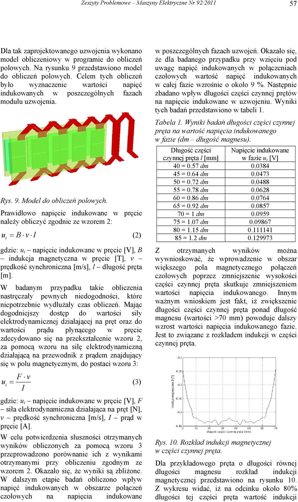 Prawidłowo napięcie indukowane w pręcie należy obliczyć zgodnie ze wzorem 2: u i B v l (2) gdzie: u i napięcie indukowane w pręcie [V], B indukcja magnetyczna w pręcie [T], v prędkość synchroniczna