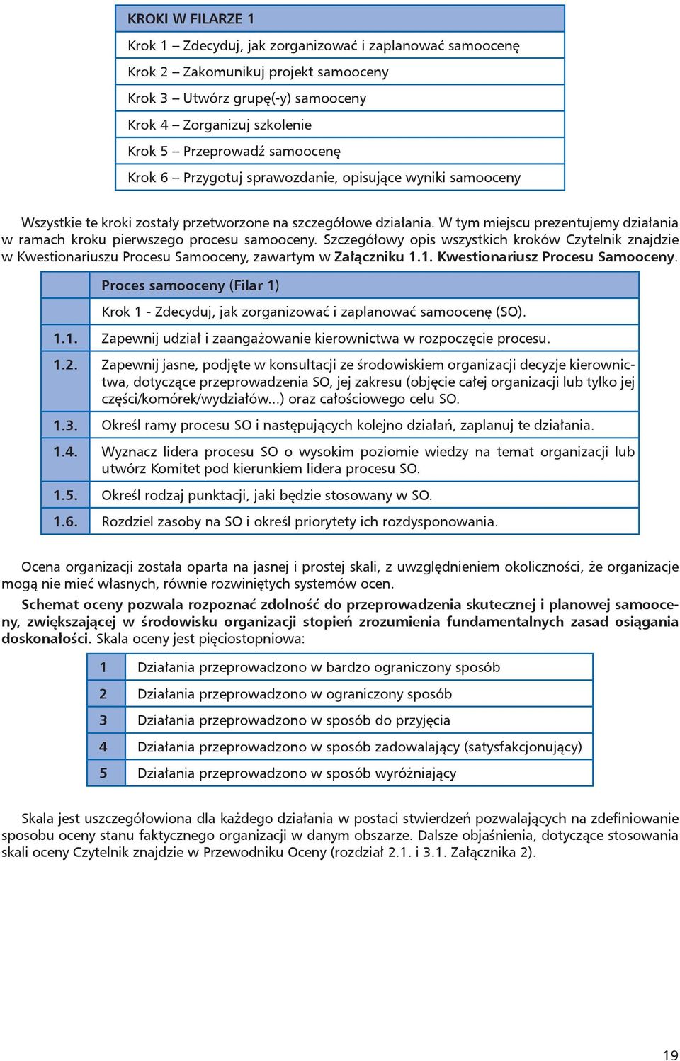 W tym miejscu prezentujemy działania w ramach kroku pierwszego procesu samooceny. Szczegółowy opis wszystkich kroków Czytelnik znajdzie w Kwestionariuszu Procesu Samooceny, zawartym w Załączniku 1.