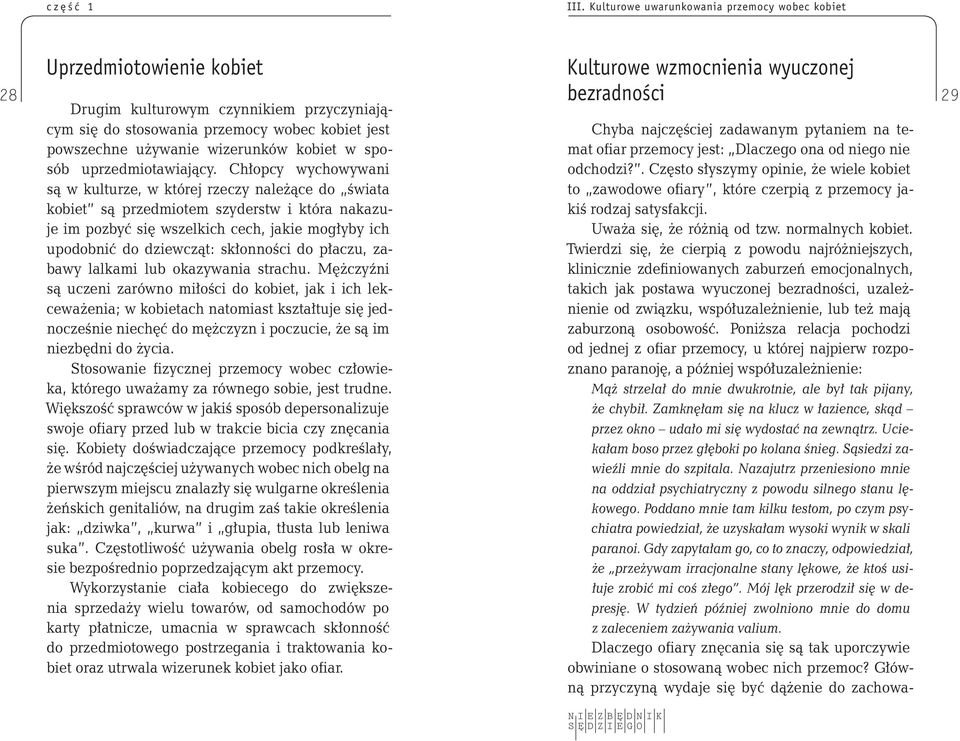 kobiet jest Chyba najczęściej zadawanym pytaniem na te- powszechne używanie wizerunków kobiet w sposób mat ofiar przemocy jest: Dlaczego ona od niego nie uprzedmiotawiający.