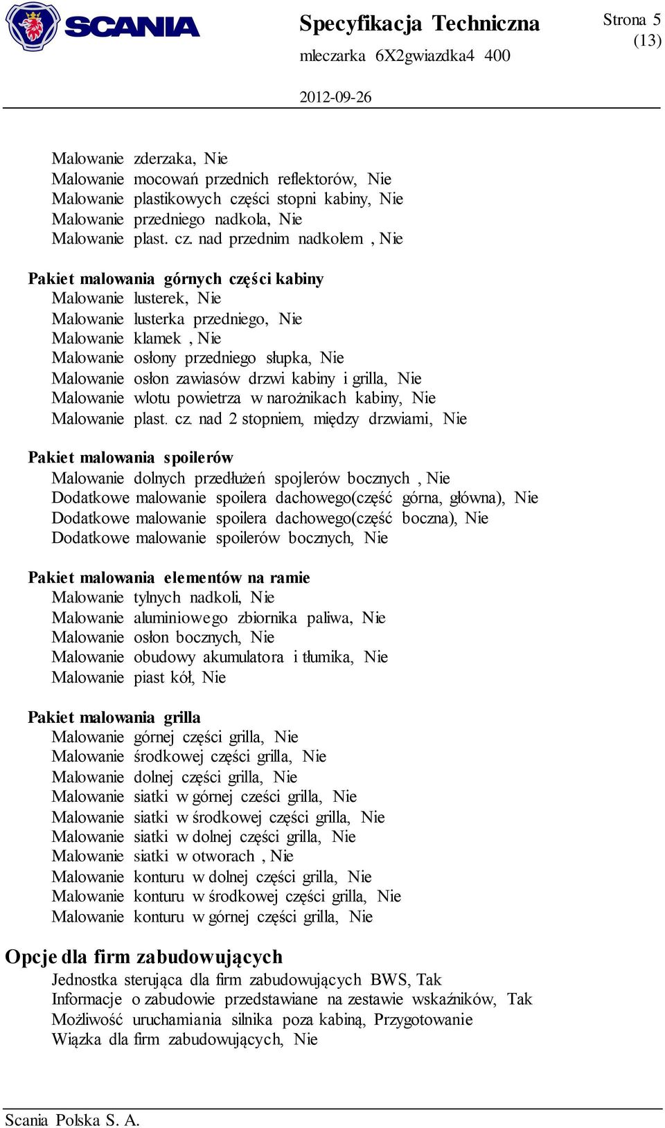 nad przednim nadkolem, Nie Pakiet malowania górnych części kabiny Malowanie lusterek, Nie Malowanie lusterka przedniego, Nie Malowanie klamek, Nie Malowanie osłony przedniego słupka, Nie Malowanie