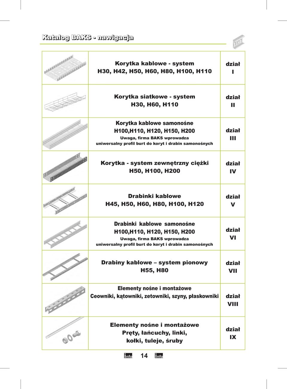 H80, H100, H1 V Drabinki kablowe samonośne H100,H110, H1, H150, H0 Uwaga, firma BAKS wprowadza uniwersalny profil burt do koryt i drabin samonośnych VI Drabiny kablowe system