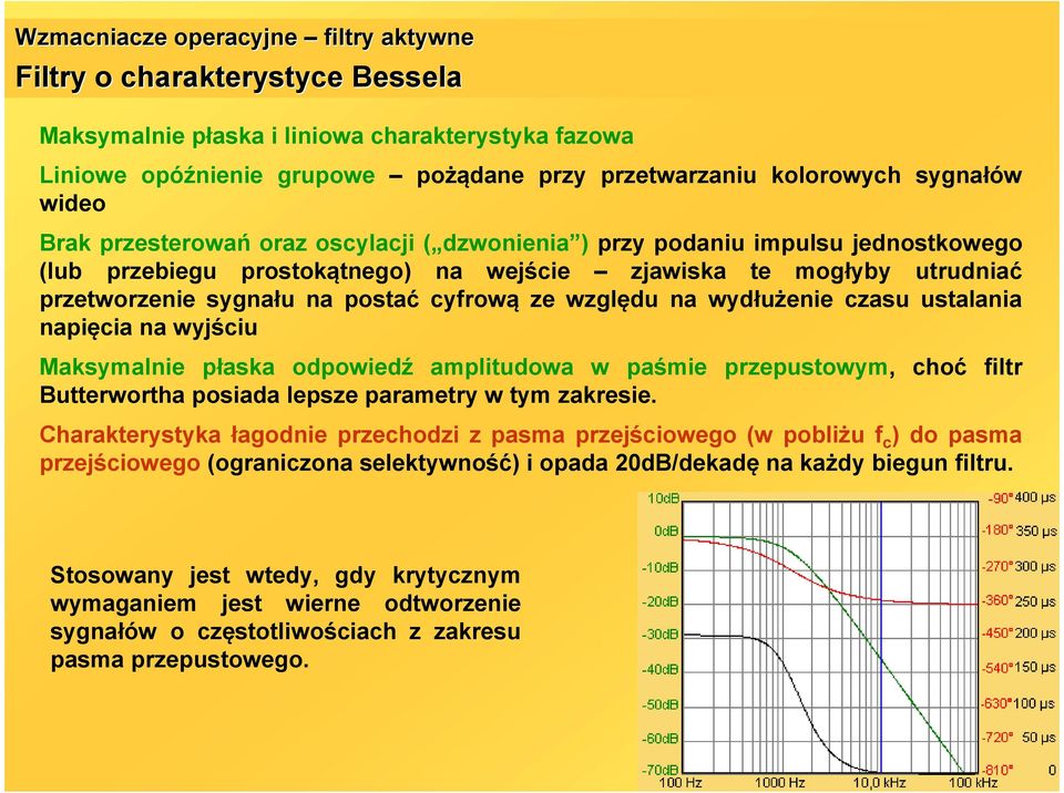 wyjściu Makymalnie płaka odpowiedź amplitudowa w paśmie przeputowym, choć filtr Butterwortha poiada lepze parametry w tym zakreie.