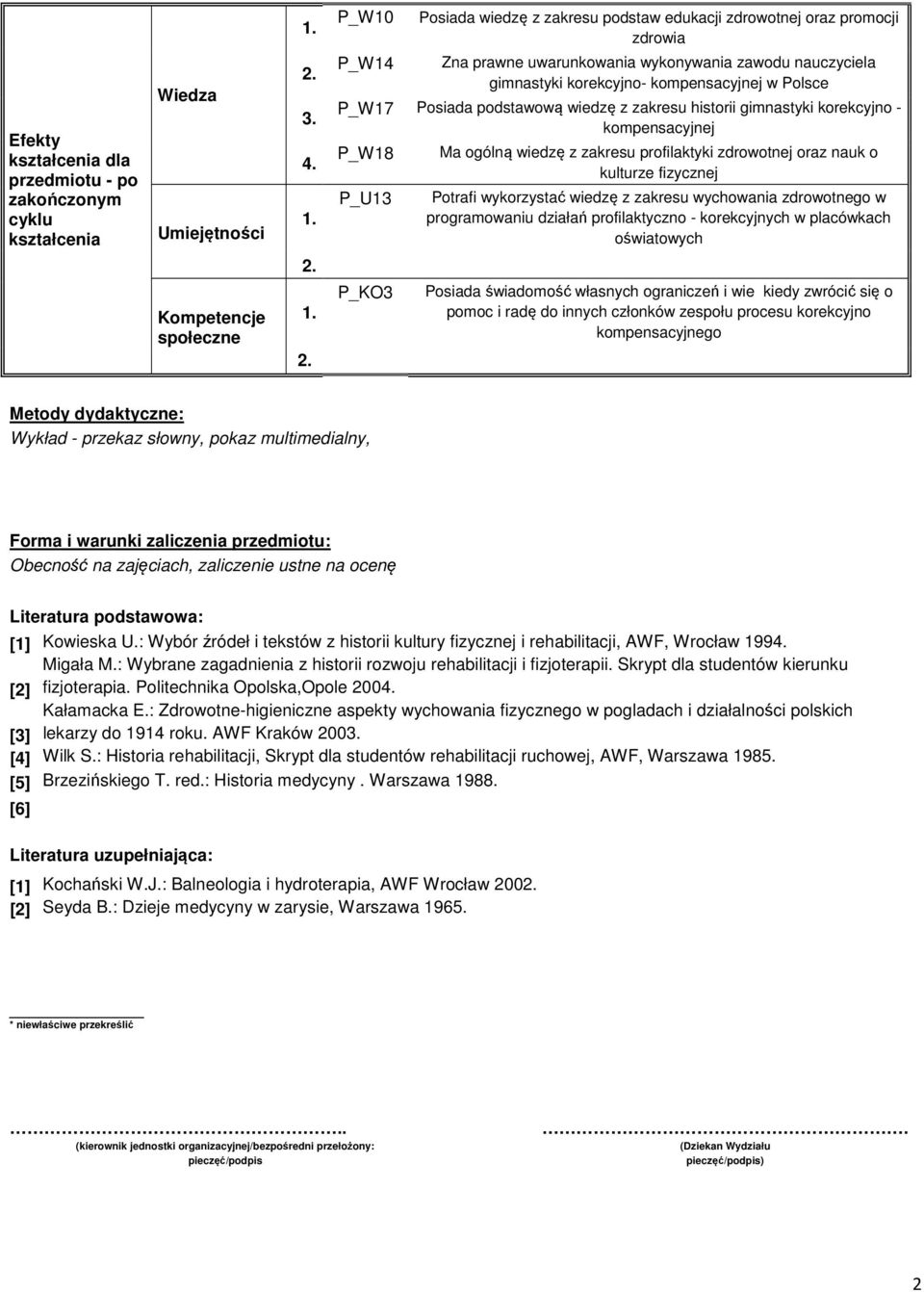 zdrowotnej oraz nauk o kulturze fizycznej Potrafi wykorzystać wiedzę z zakresu wychowania zdrowotnego w programowaniu działań profilaktyczno - korekcyjnych w placówkach oświatowych Posiada świadomość