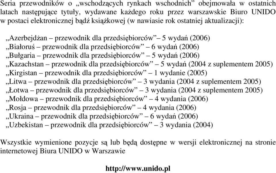 (2006) Kazachstan przewodnik dla przedsiębiorców 5 wydań (2004 z suplementem 2005) Kirgistan przewodnik dla przedsiębiorców 1 wydanie (2005) Litwa przewodnik dla przedsiębiorców 3 wydania (2004 z