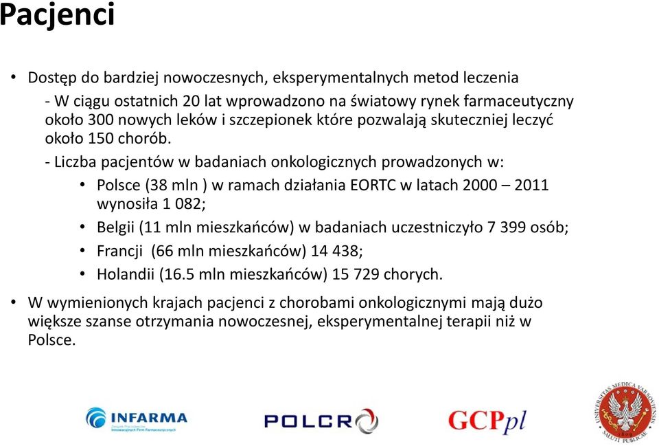 - Liczba pacjentów w badaniach onkologicznych prowadzonych w: Polsce (38 mln ) w ramach działania EORTC w latach 2000 2011 wynosiła 1 082; Belgii (11 mln mieszkańców) w