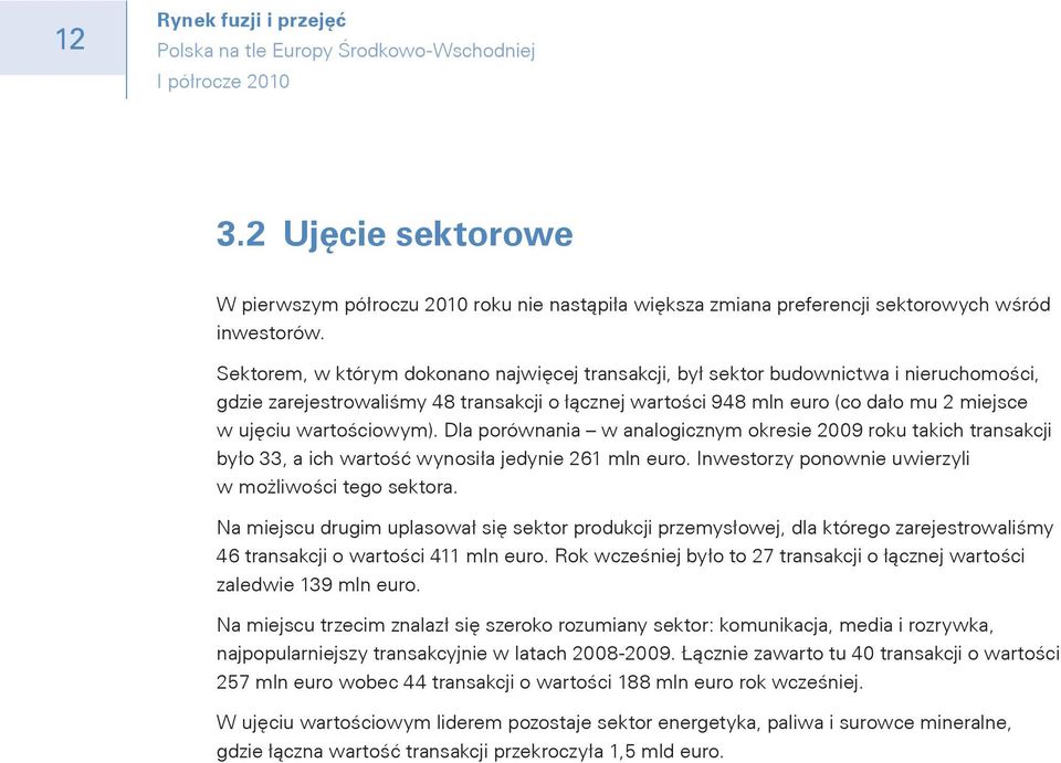 wartościowym). Dla porównania w analogicznym okresie 2009 roku takich transakcji było 33, a ich wartość wynosiła jedynie 261 mln euro. Inwestorzy ponownie uwierzyli w możliwości tego sektora.