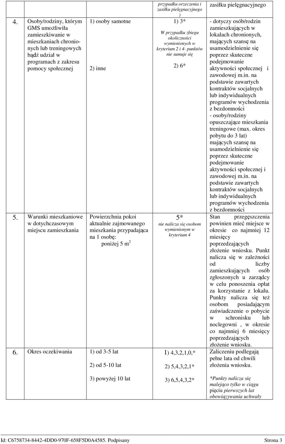 Okres oczekiwania 1) od 3-5 lat Powierzchnia pokoi aktualnie zajmowanego mieszkania przypadająca na 1 osobę: poniŝej 5 m 2 2) od 5-10 lat 3) powyŝej 10 lat przypadku orzeczenia i zasiłku