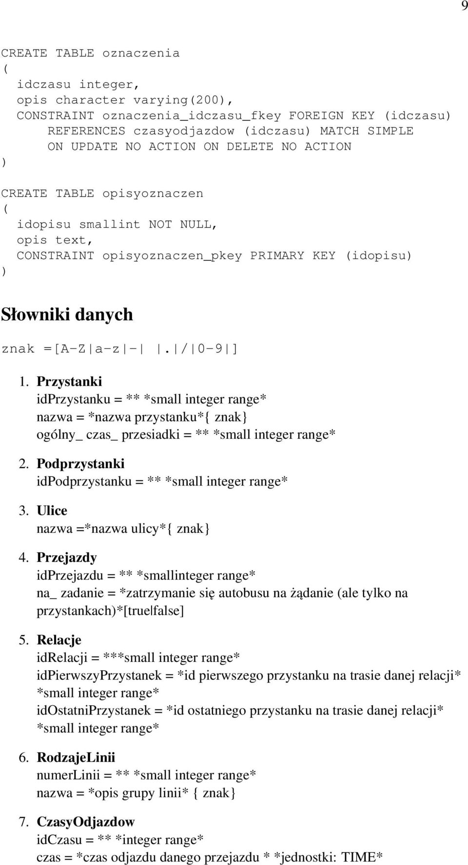 Przystanki idprzystanku = ** *small integer range* nazwa = *nazwa przystanku*{ znak} ogólny_ czas_ przesiadki = ** *small integer range* 2. Podprzystanki idpodprzystanku = ** *small integer range* 3.