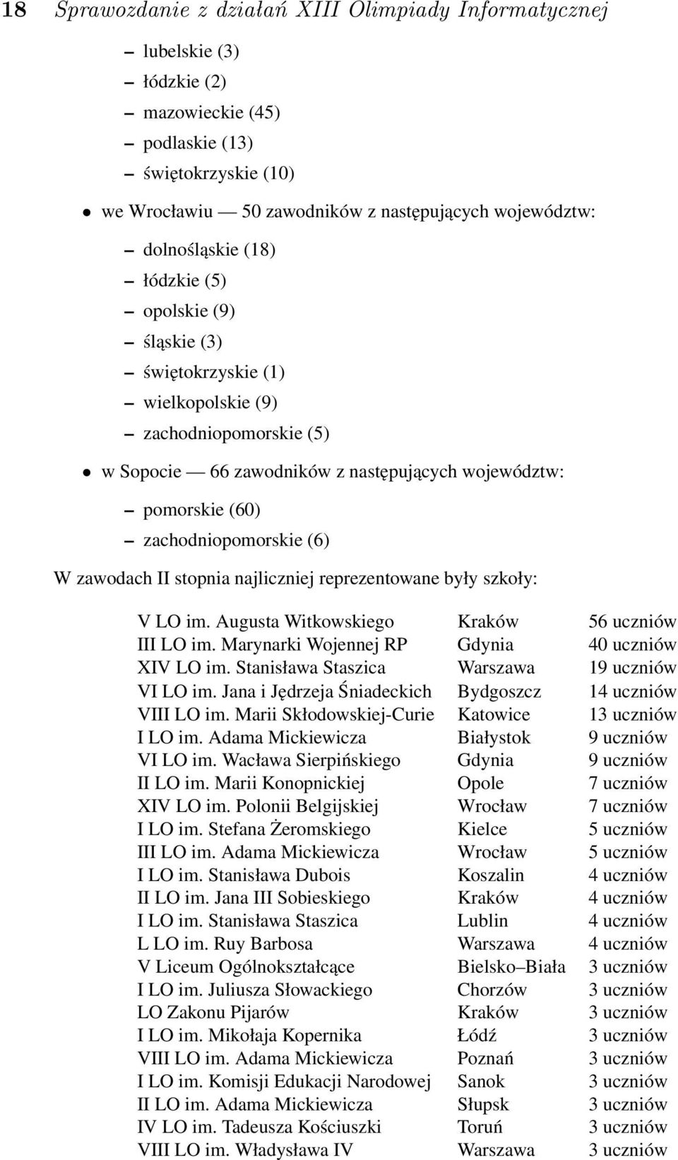 zachodniopomorskie (6) W zawodach II stopnia najliczniej reprezentowane były szkoły: V LO im. Augusta Witkowskiego Kraków 56 uczniów III LO im. Marynarki Wojennej RP Gdynia 40 uczniów XIV LO im.