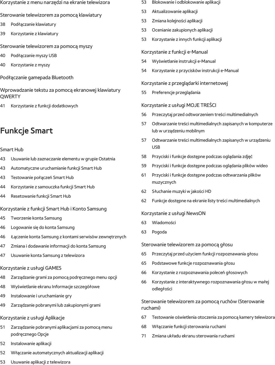 aplikacji 53 Aktualizowanie aplikacji 53 Zmiana kolejności aplikacji 53 Ocenianie zakupionych aplikacji 53 Korzystanie z innych funkcji aplikacji Korzystanie z funkcji e-manual 54 Wyświetlanie