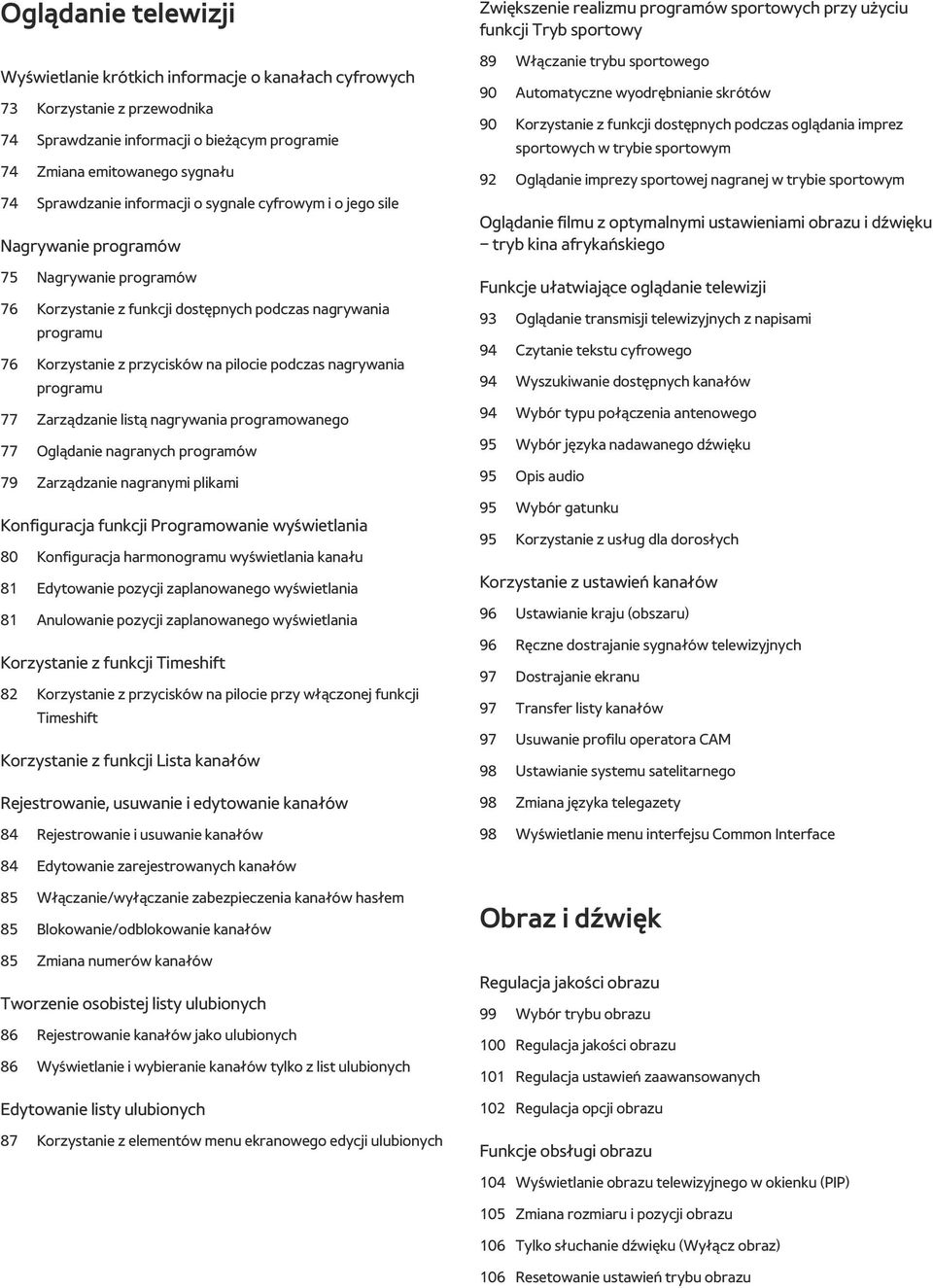 nagrywania programu 77 Zarządzanie listą nagrywania programowanego 77 Oglądanie nagranych programów 79 Zarządzanie nagranymi plikami Konfiguracja funkcji Programowanie wyświetlania 80 Konfiguracja