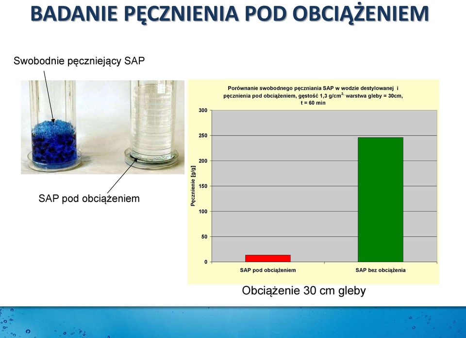 obciążeniem, gęstość 1,3 g/cm 3, warstwa gleby = 30cm, t = 60 min 250 200 SAP pod