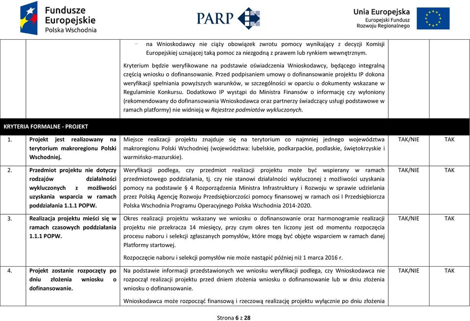 Przed podpisaniem umowy o dofinansowanie projektu IP dokona weryfikacji spełniania powyższych warunków, w szczególności w oparciu o dokumenty wskazane w Regulaminie Konkursu.