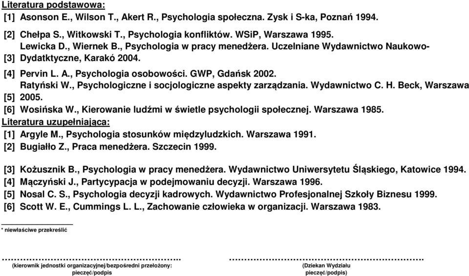 , Psychologiczne i socjologiczne aspekty zarządzania. Wydawnictwo C. H. Beck, Warszawa [5] 2005. [6] Wosińska W., Kierowanie ludźmi w świetle psychologii j. Warszawa 985.