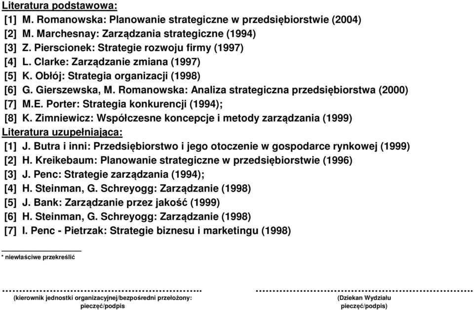 Porter: Strategia konkurencji (994); K. Zimniewicz: Współczesne koncepcje i metody zarządzania (999) Literatura uzupełniająca: [] J.