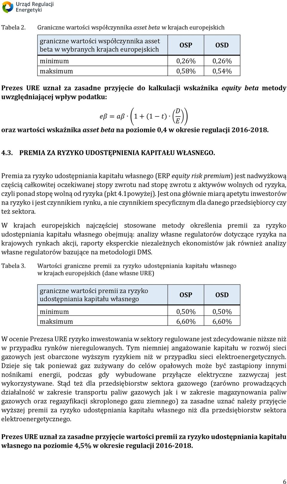 URE uznał za zasadne przyjęcie do kalkulacji wskaźnika equity beta metody uwzględniającej wpływ podatku: eβ = aβ (1 + (1 t) ( D E )) oraz wartości wskaźnika asset beta na poziomie 0,4 w okresie