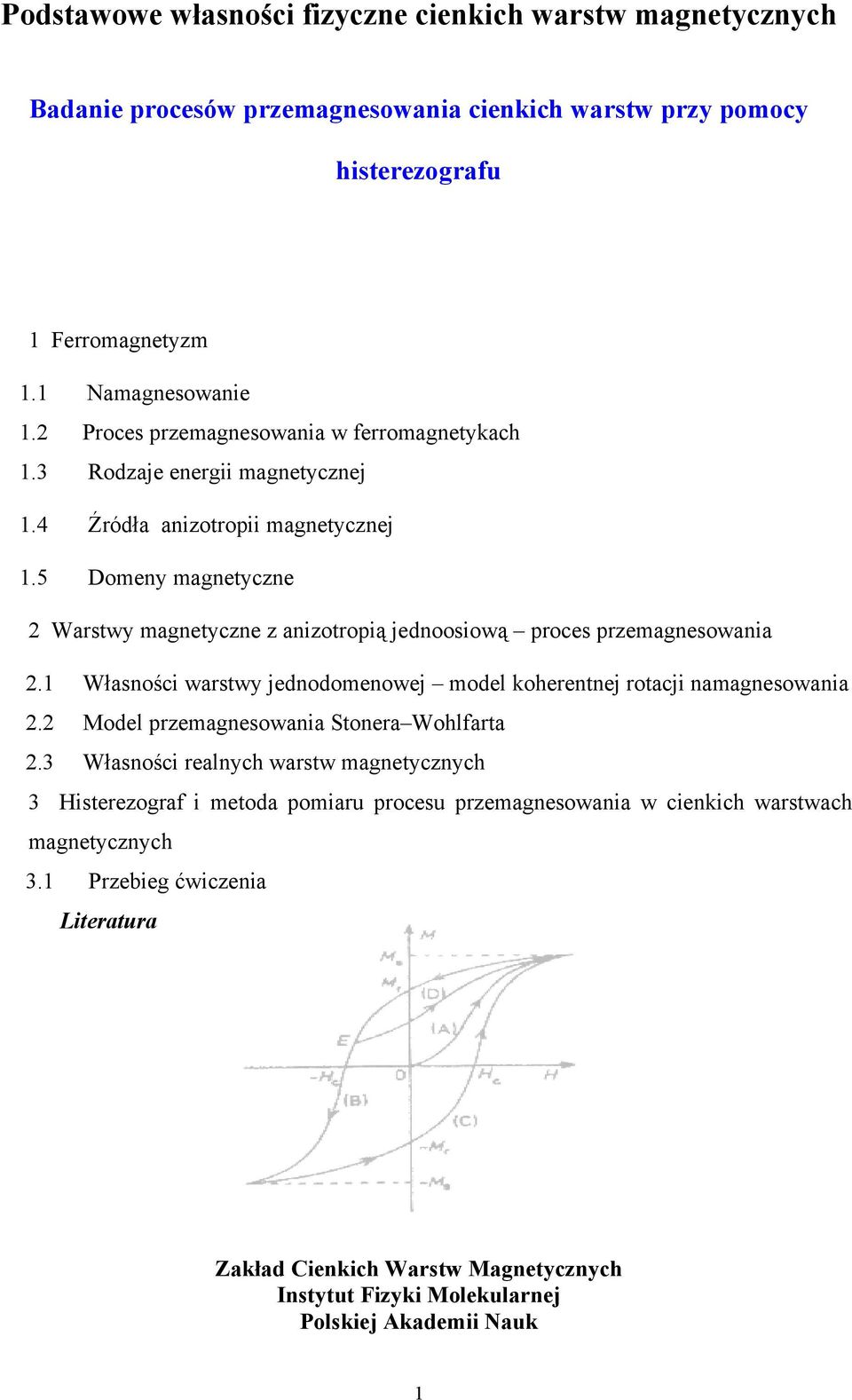 5 Domeny magnetyczne 2 Warstwy magnetyczne z anizotropią jednoosiową proces przemagnesowania 2.1 Własności warstwy jednodomenowej model koherentnej rotacji namagnesowania 2.