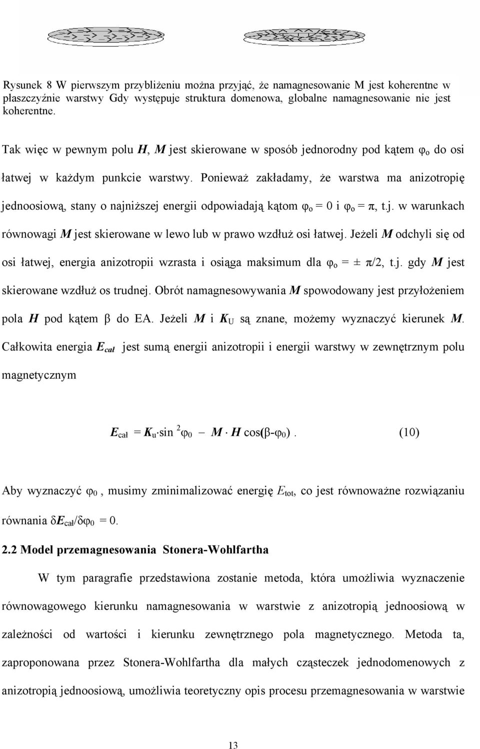 Ponieważ zakładamy, że warstwa ma anizotropię jednoosiową, stany o najniższej energii odpowiadają kątom φ o = 0 i φ o = π, t.j. w warunkach równowagi M jest skierowane w lewo lub w prawo wzdłuż osi łatwej.