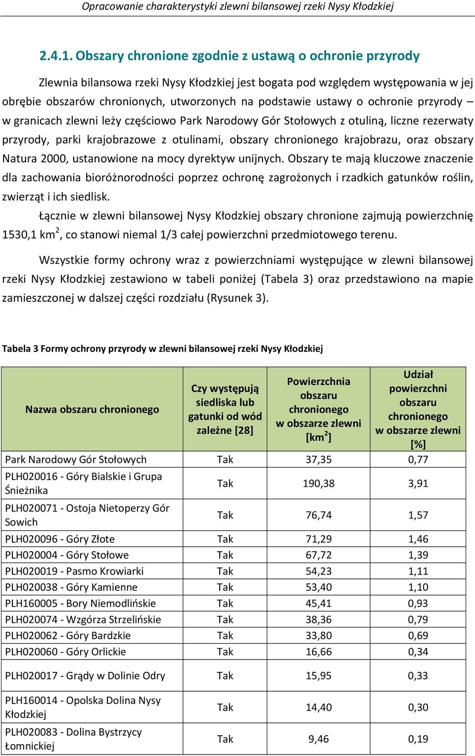 o ochronie przyrody w granicach zlewni leży częściowo Park Narodowy Gór Stołowych z otuliną, liczne rezerwaty przyrody, parki krajobrazowe z otulinami, obszary chronionego krajobrazu, oraz obszary