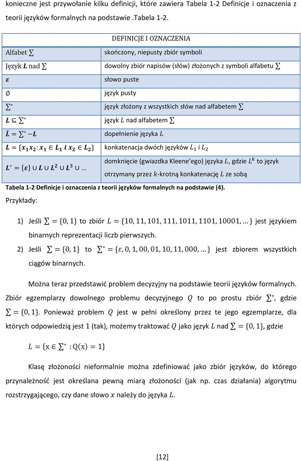 alfabetem język nad alfabetem dopełnienie języka : konkatenacja dwóch języków i domknięcie (gwiazdka Kleene ego) języka, gdzie to język otrzymany przez -krotną konkatenację ze sobą Tabela 1-2