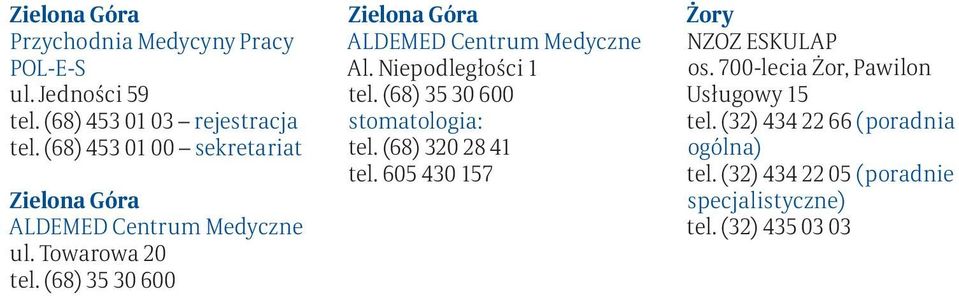 Niepodległości 1 tel. (68) 35 30 600 stomatologia: tel. (68) 320 28 41 tel. 605 430 157 Żory NZOZ ESKULAP os.