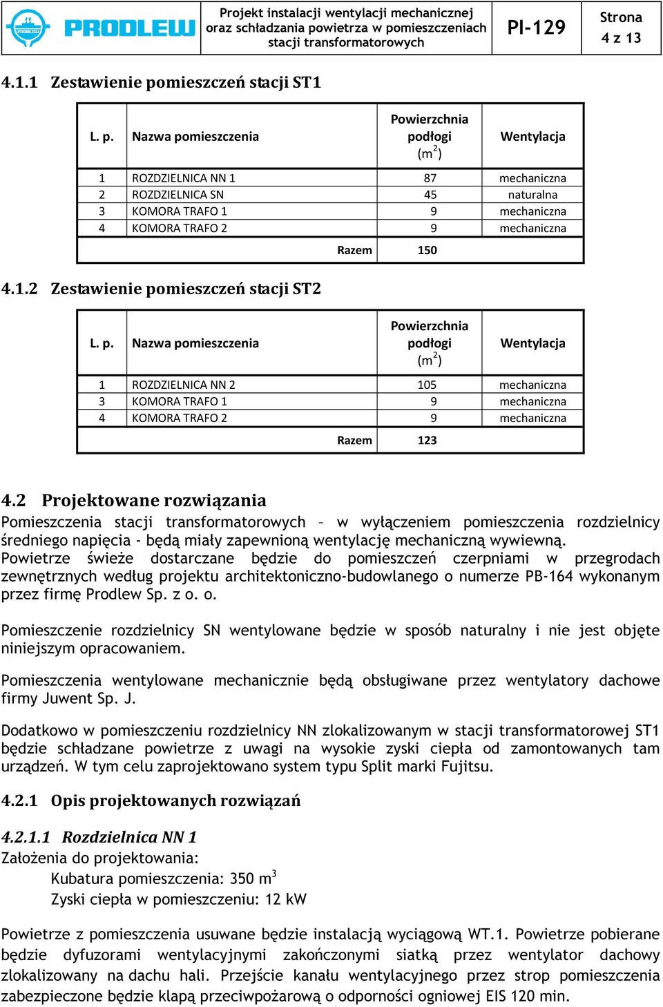 Nazwa poieszczenia Powierzchnia podłogi ( 2 ) Wentylacja 1 ROZDZIELNICA NN 1 87 echaniczna 2 ROZDZIELNICA SN 45 naturalna KOMORA TRAFO 1 9 echaniczna 4 KOMORA TRAFO 2 9 echaniczna Raze 150 4.1.2 Zestawienie poieszczeń stacji ST2 L.